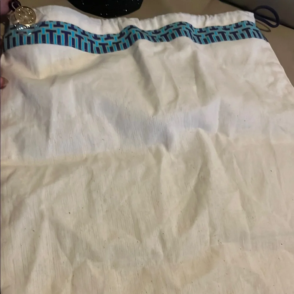 Tory Burch White and Blue Garment Bag with Geometric Trim